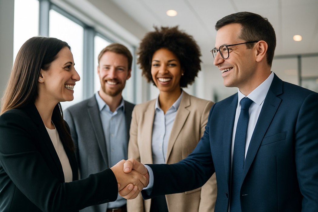 Group of business people smiling and shaking hands